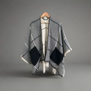 Versona Black and White Cozy Plaid Poncho Cape with fringe accents One Size